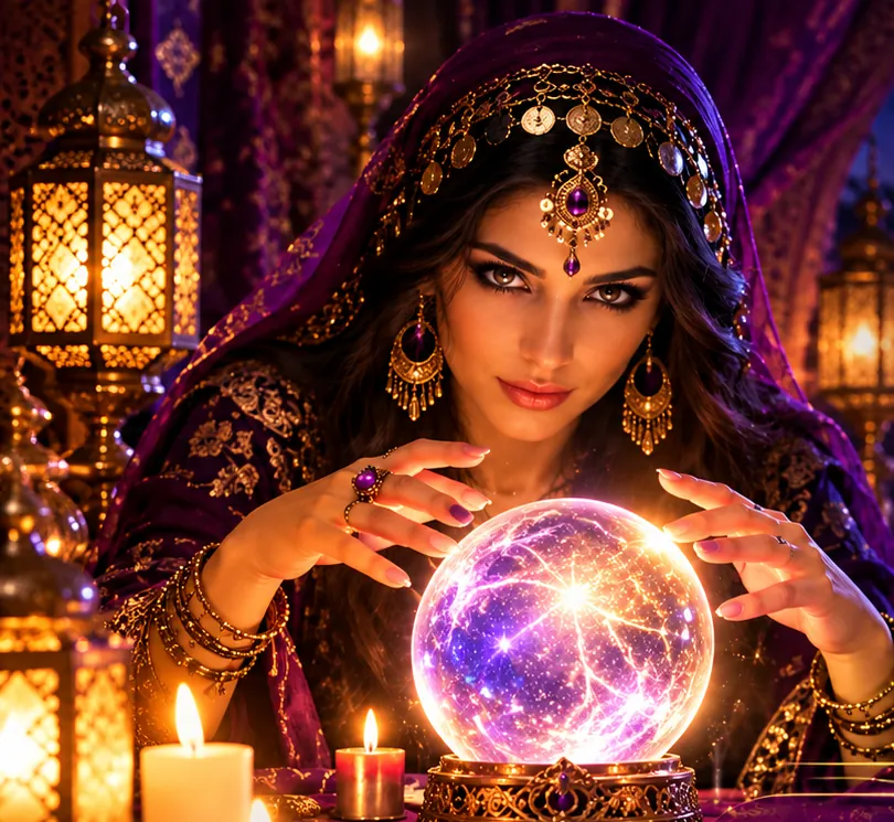 Voyante penchée sur une boule de cristal lumineuse, à la lueur des bougies et des lanternes